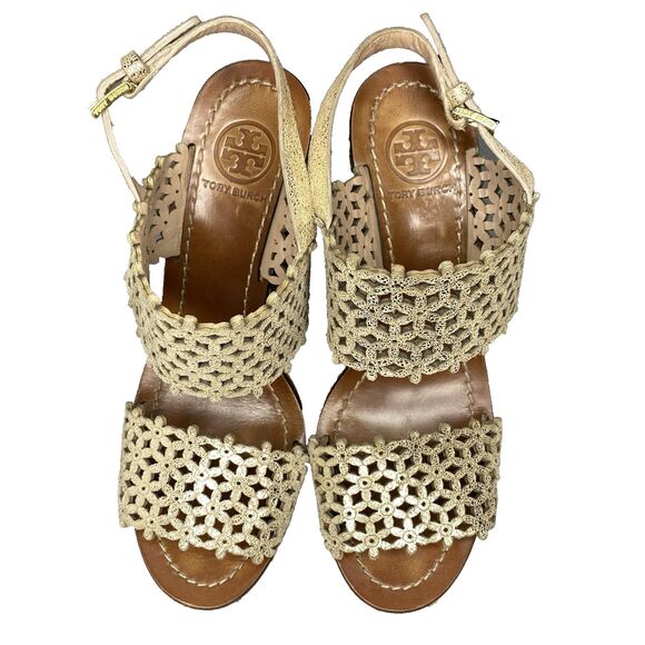 TORY BURCH Sandals Perforated Leather Wedge Platform Cork Heel Womens 6 Gold - Picture 2 of 9
